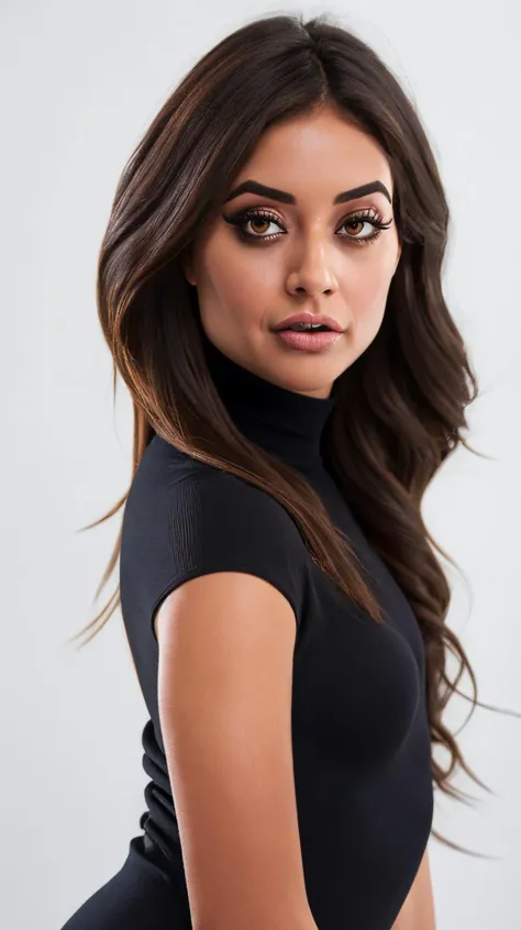 <lora:J7nxM4z3:1> as cartoon character, sfw, dressed, black top, turtleneck, brown eyes, curvy, upper body, intricate, sharp focus, soft lighting, vibrant colors, masterpiece, (frontal), detailed eyes, advertising studio lights, frontal led light ring, smooth shadows, bokeh background, Hyper Realistic Photography, Hyperdetail, UHD, Color Correction, HDR, color grading, hyper realistic (white background),