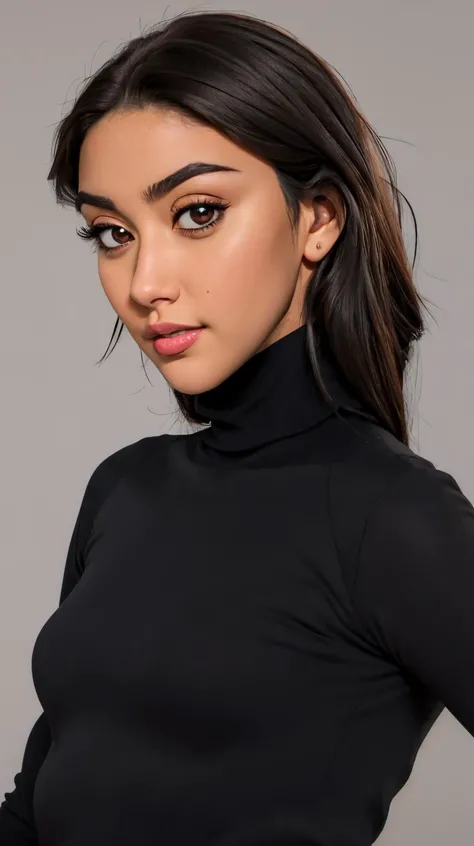 <lora:M4ndyMus3:1> black hair,  brown eyes, perfect face, detailed face, eyes looking at viewer, ((black turtleneck)), beautiful perfect body, highres, masterpiece, simple background, clean background, grey background, <lora:p3r3zstyle_v3:0.25>