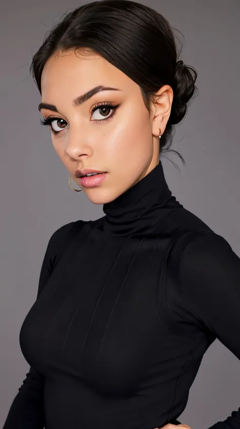 <lora:M155R1c4n:1> black updo hair,  brown eyes, perfect face, detailed face, eyes looking at viewer, ((black turtleneck)), beautiful perfect body, highres, masterpiece, simple background, clean background, grey background, <lora:p3r3zstyle_v3:0.25>