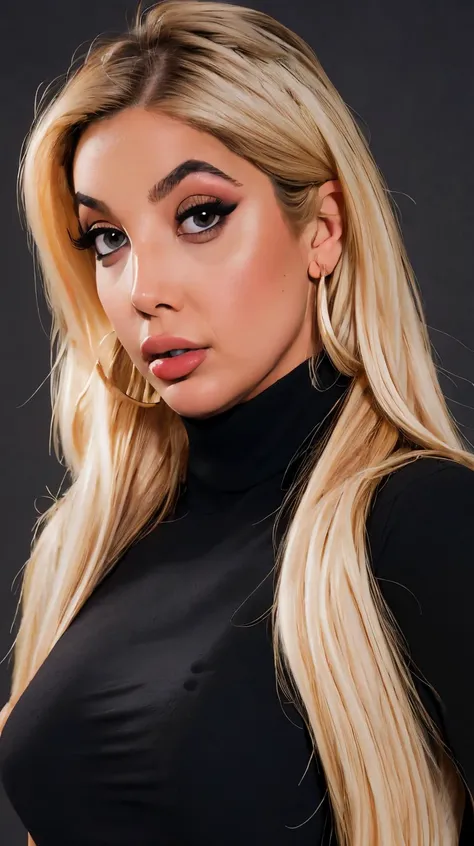 <lora:SD3lux3:1> brown eyes, blonde hair, perfect face, detailed face, eyes looking at viewer, ((black turtleneck)), beautiful perfect body, highres, masterpiece, simple background, clean background, grey background, <lora:p3r3zstyle_v3:0.25>