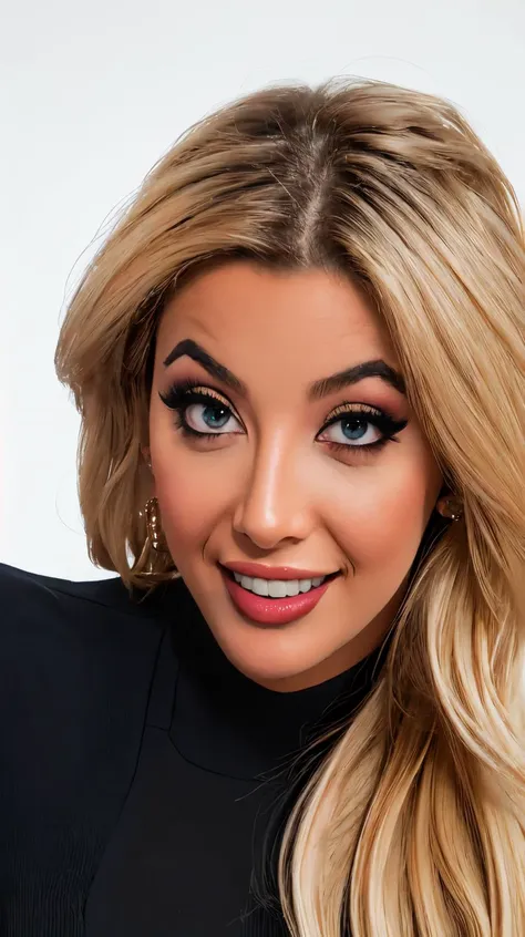 <lora:SD3lux3:1>, brown eyes, blonde hair, as cartoon character, sfw, dressed, black top, turtleneck, smiling, curvy, upper body, intricate, sharp focus, soft lighting, vibrant colors, masterpiece, (frontal), detailed eyes, advertising studio lights, frontal led light ring, smooth shadows, bokeh background, Hyper Realistic Photography, Hyperdetail, UHD, Color Correction, HDR, color grading, hyper realistic (white background),