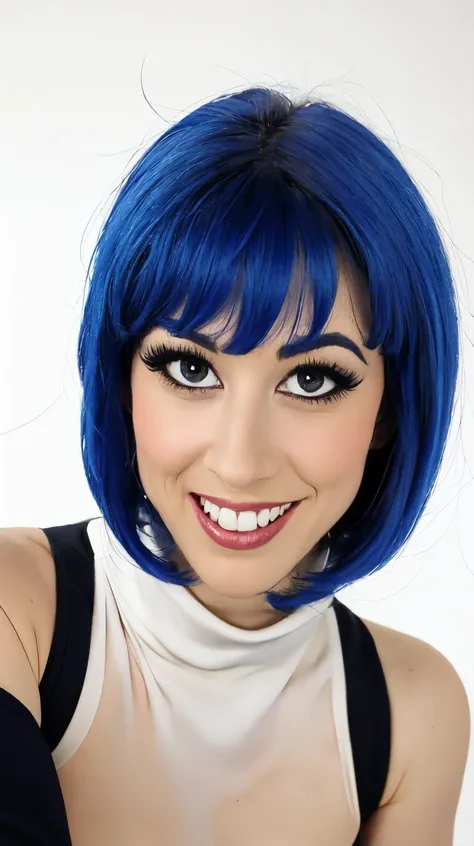 <lora:L4rk1NLoRA:1>, black eyes, blue hair, as cartoon character, sfw, dressed, black top, turtleneck, smiling, curvy, upper body, intricate, sharp focus, soft lighting, vibrant colors, masterpiece, (frontal), detailed eyes, advertising studio lights, frontal led light ring, smooth shadows, bokeh background, Hyper Realistic Photography, Hyperdetail, UHD, Color Correction, HDR, color grading, hyper realistic (white background),