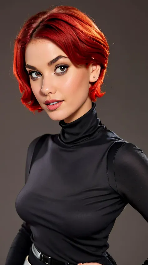 <lora:S1r1:1> red short hair, brown eyes, perfect face, detailed face, eyes looking at viewer, ((black turtleneck)), beautiful perfect body, highres, masterpiece, simple background, clean background, grey background, <lora:p3r3zstyle_v3:0.25>