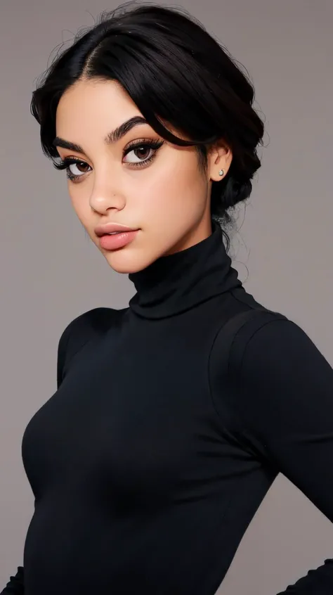 <lora:K1ttyC:1> black hair,  brown eyes, perfect face, detailed face, eyes looking at viewer, ((black turtleneck)), beautiful perfect body, highres, masterpiece, simple background, clean background, grey background, <lora:p3r3zstyle_v3:0.25>