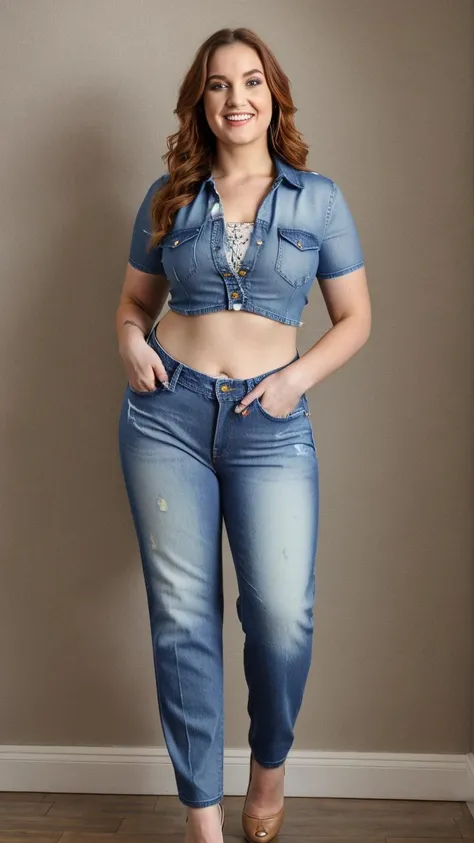 (masterpiece:1.2, best quality:1.2, high resolution), s1r1, curvy girl, indoor, photo, realistic,  waist,  ((fashion clothes, denim pants)), short, standing, <lora:S1r1:0.8>