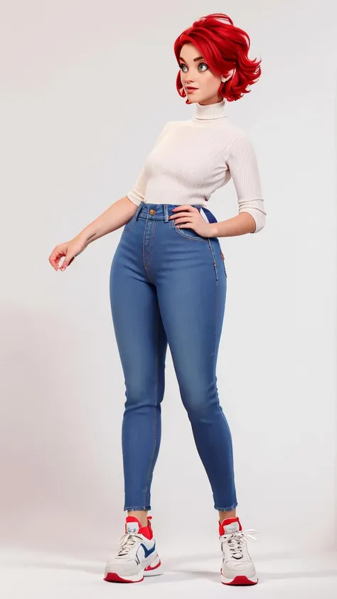 (masterpiece:1.2, best quality:1.2, high resolution), s1r1 as cartoon character, curvy girl, chubby, red hair, short hair, bob hair style, sport shoes, frontal, indoor, photo, realistic, waist, ((turtleneck, denim pants)), standing, simple background, white background <lora:S1r1:0.6> , <lora:3DMM_V12:1>