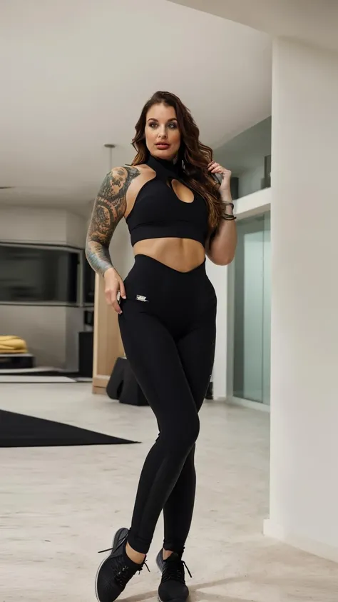 (masterpiece:1.2, best quality:1.2, high resolution), woman, curvy girl, indoor, photo, realistic,  waist,  ((sport leggins, black sport suit)), short, standing,  <lora:1v1L3b3ll3:1>