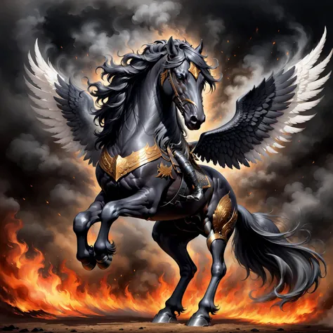 friesian horse, wearing armor, pegasus, wings, full body, fire, smoke, digital painting <lora:Horse_Breeds-000012:1>