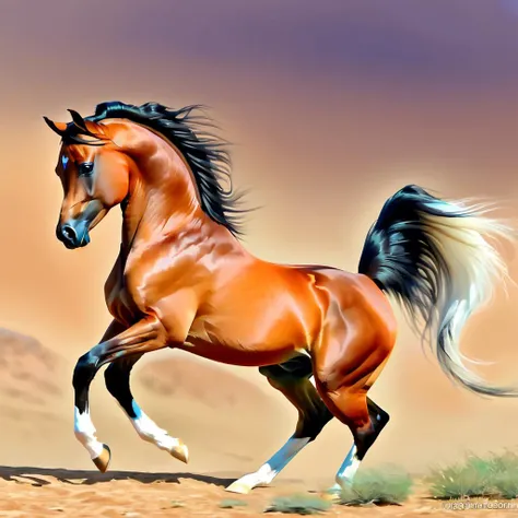 arabian horse, bay, mane and tail, full body, trotting, digital painting, mountains, <lora:Horse_Breeds-000011:1>