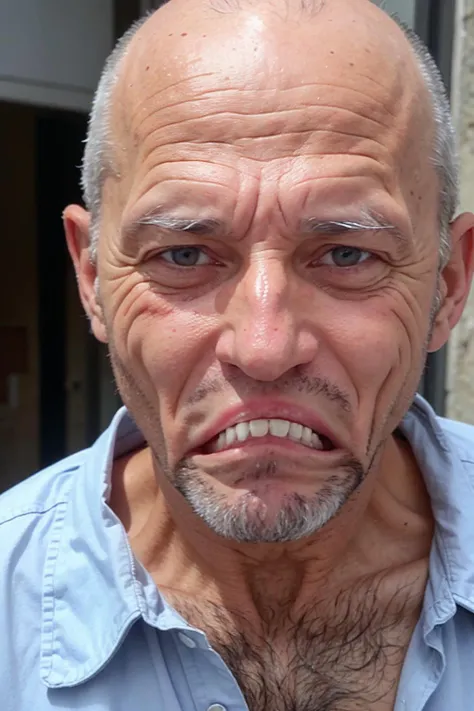 closeup photo of serbian old man wearing dress waiting near abandoned building, inverted mouth, natural lighting, detailed skin, bald
<lora:inverted_mouth:1>