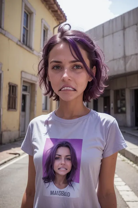 closeup photo of hungarian woman wearing t-shirt waiting near abandoned building, inverted mouth, natural lighting, detailed skin, purple hair
<lora:inverted_mouth:1>