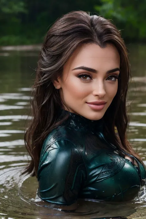 photo of S199_OlyaTribushnaya,a beautiful woman,in a (swamp:1.1),wearing a (wet-shirt:1.1),(thunderstorm:1.1),(8k, RAW photo, best quality, depth of field, ultra high res:1.2),(absurdres, intricate, photorealistic, masterpiece, ultra-detailed:1.3),