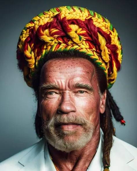 (masterpiece, best quality), Arnold Schwarzenegger (as rastaman wearing rasta hat),  1 man, epic (photo, studio lighting, hard light, sony a7, 50 mm, matte skin, pores, colors, hyperdetailed, hyperrealistic), ultrasharp,  <lora:swarz:0.95>