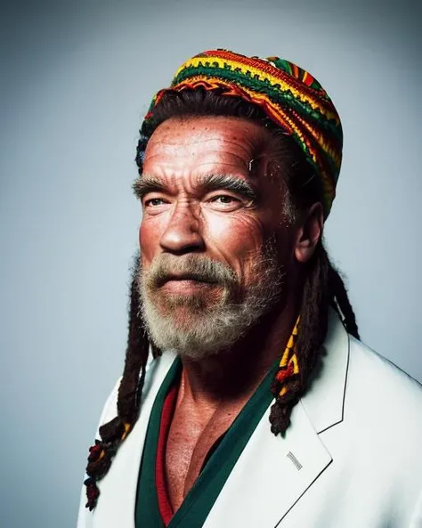(masterpiece, best quality), Arnold Schwarzenegger (as rastaman wearing rasta beanie), 1 man, epic (photo, studio lighting, hard light, sony a7, 50 mm, matte skin, pores, colors, hyperdetailed, hyperrealistic), ultrasharp, <lora:swarz:0.95>