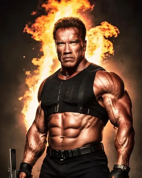 (masterpiece, best quality), Arnold Schwarzenegger (The Expendables movie), 1 man, epic (photo, studio lighting, hard light, sony a7, 50 mm, matte skin, pores, colors, hyperdetailed, hyperrealistic), ultrasharp, <lora:swarz:0.95>