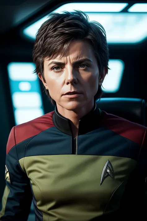 photo of (t1gn0tar0:0.99), a woman as a stark trek character, modelshoot style, (extremely detailed CG unity 8k wallpaper), photo of the most beautiful artwork in the world, professional majestic oil painting by Ed Blinkey, Atey Ghailan, Studio Ghibli, by Jeremy Mann, Greg Manchess, Antonio Moro, trending on ArtStation, trending on CGSociety, Intricate, High Detail, Sharp focus, dramatic, photorealistic painting art by midjourney and greg rutkowski, (wearing a tight star trek uniform:1.2), (long trousers), ((flat chest)), (looking at viewer:1.2), (detailed pupils:1.3), (spaceship interior:1.3)