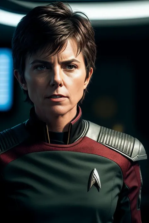 photo of (t1gn0tar0:0.99), a woman as a stark trek character, modelshoot style, (extremely detailed CG unity 8k wallpaper), photo of the most beautiful artwork in the world, professional majestic oil painting by Ed Blinkey, Atey Ghailan, Studio Ghibli, by Jeremy Mann, Greg Manchess, Antonio Moro, trending on ArtStation, trending on CGSociety, Intricate, High Detail, Sharp focus, dramatic, photorealistic painting art by midjourney and greg rutkowski, (wearing a tight star trek uniform:1.2), (long trousers), ((flat chest)), (looking at viewer:1.2), (detailed pupils:1.3), (spaceship interior:1.3), (grin512:1.1)