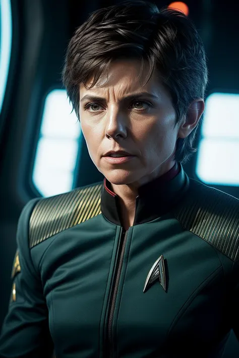photo of (t1gn0tar0:0.99), a woman as a stark trek character, modelshoot style, (extremely detailed CG unity 8k wallpaper), photo of the most beautiful artwork in the world, professional majestic oil painting by Ed Blinkey, Atey Ghailan, Studio Ghibli, by Jeremy Mann, Greg Manchess, Antonio Moro, trending on ArtStation, trending on CGSociety, Intricate, High Detail, Sharp focus, dramatic, photorealistic painting art by midjourney and greg rutkowski, (wearing a tight star trek uniform:1.2), (long trousers), ((flat chest)), (looking at viewer:1.2), (detailed pupils:1.3), (spaceship interior:1.3)