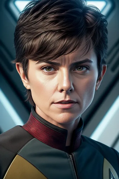photo of (t1gn0tar0:0.99), a woman as a stark trek character, modelshoot style, (smile512:1.2), (extremely detailed CG unity 8k wallpaper), photo of the most beautiful artwork in the world, professional majestic oil painting by Ed Blinkey, Atey Ghailan, Studio Ghibli, by Jeremy Mann, Greg Manchess, Antonio Moro, trending on ArtStation, trending on CGSociety, Intricate, High Detail, Sharp focus, dramatic, photorealistic painting art by midjourney and greg rutkowski, (wearing a tight star trek uniform:1.2), (long trousers), ((flat chest)), (looking at viewer:1.2), (detailed pupils:1.3), (spaceship interior:1.3), ((closeup portrait:1.2))