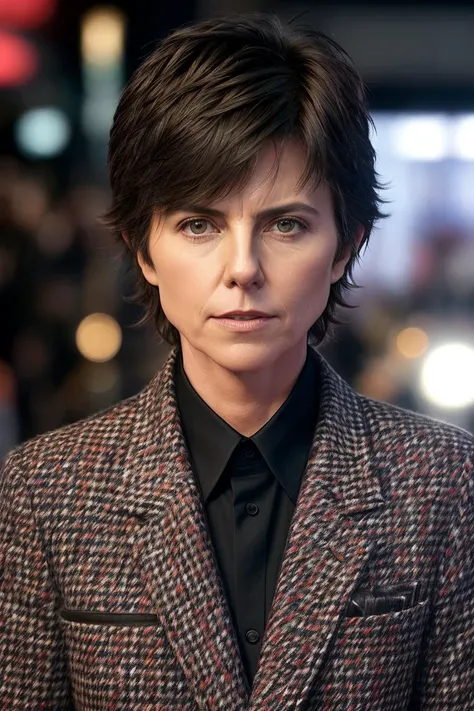 photo of (t1gn0tar0-140:0.99), a woman as a movie star, modelshoot style, (extremely detailed CG unity 8k wallpaper), photo of the most beautiful artwork in the world, professional majestic oil painting by Ed Blinkey, Atey Ghailan, Studio Ghibli, by Jeremy Mann, Greg Manchess, Antonio Moro, trending on ArtStation, trending on CGSociety, Intricate, High Detail, Sharp focus, dramatic, photorealistic painting art by midjourney and greg rutkowski, (elegant checkered tweed jacket:1.2), (long sleeve shirt), (long trousers), ((movie premiere)), ((standing near a movie theater)), ((paparazzi in the background)), (looking at viewer:1.2), (detailed pupils:1.3), ((closeup portrait:1.2))
