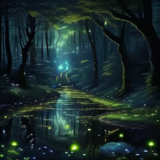 Enchanted forest with glowing fireflies and a babbling brook, surrounded by towering trees and shrouded in mist, magical, ethereal, dreamlike, stylized