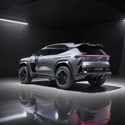 Lucid concept suv, muscular volume,  dark ambient background, reflective ground, car design trend 2023, silver matte paint color, rear 45 degree view,simple and clean surfaces