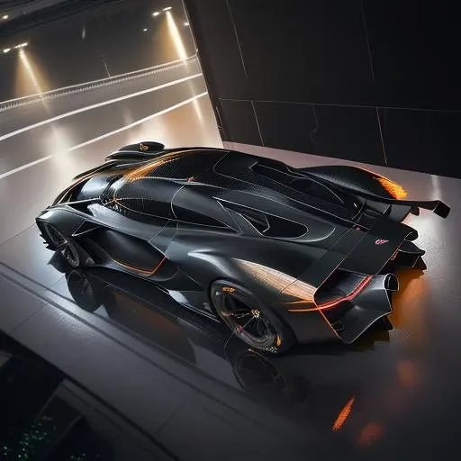 1 supercar,hypercar design concept, simplest form, wide and muscular volume,science fiction, orange jet-black satin paint, rainy day, lens flare, blur background, reflective ground, cardesign world, car design trend 2023, rear 45 degree view,bird view, thrusters, shiny led bar lights