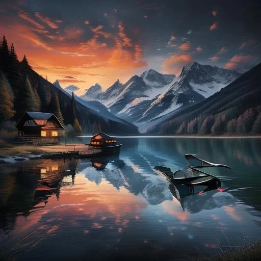 Oil painting of a tranquil lake surrounded by mountains, with a cabin on the shore, boats, and a sunset, heavily textured brushstrokes, warm and vibrant colors