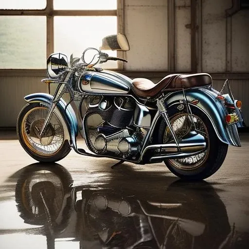 Vintage motorcycle with gleaming chrome and polished leather, captured in soft natural light with selective focus on the engine, classic, retro, detailed