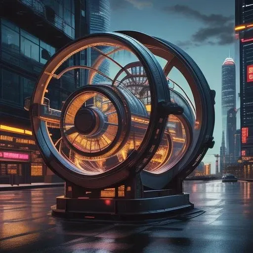 Giant hamster wheel in the middle of a city, with skyscrapers and busy streets in the background, centralized, low details, stylized graphics, night time, lit up, neon lights, no shadows