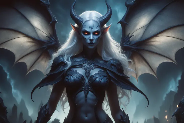 awesome quality, dynamic,DonMM1y4XL upper body succubus, malevolent female demon, humanoid appearance, attractive seductive demeanor, bat like wings, clawed hands, hoofs, dark demonic hues, enticing, nighttime seduction, sexual nightmares, night <lora:DonMM1xXL-v1.1:.6>