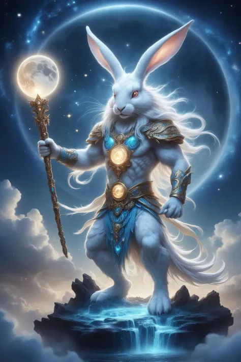 awesome quality, dynamic, moon rabbit, Mythical lunar creature,  pounding an elixir of life, immortality and longevity,  gentle and serene, connection to lunar deities,  symbol of selflessness and sacrifice, creative  <lora:DonMM1xXL-v1.1:.6>