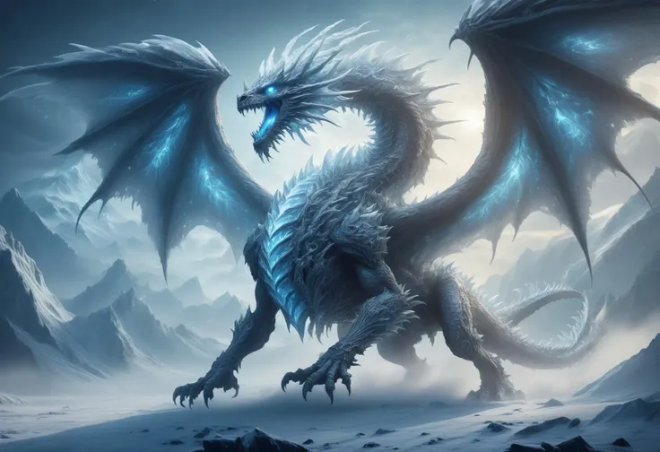 awesome quality, masterpiece, dynamic,frost wyrm, a massive spectral skelletal dragon made of ice and bones, flying with wings spread, breath of iceshards and the cold winds of the north, volcanic, impressive <lora:DonMM1xXL-v1.1:.6>