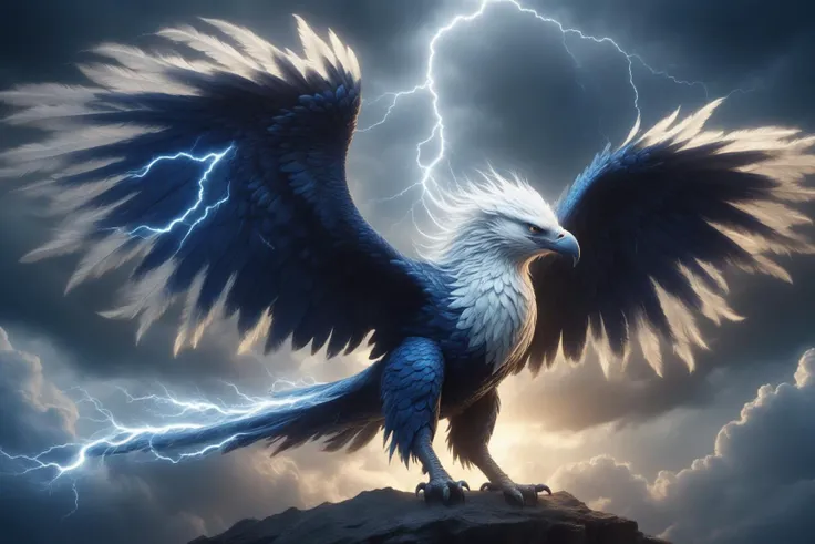 awesome quality, dynamic, thunderbird, large majestic formidable powerful mythical bird,  sharp edged lightning-like feathers, thunderous flapping of wings produces thunder, power, transformation, natural forces, thunder, lightning, mild  <lora:DonMM1xXL-v1.1:.6>