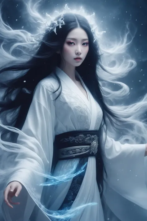 awesome quality, dynamic, kachima, japanese snow ghost, female, cold ethereal beauty, white kimono, long black hair, pale skin, glowing eyes,  winter, snow, haunting, supernatural, stygical, demonic expression, Gloomy  <lora:DonMM1xXL-v1.1:.6>