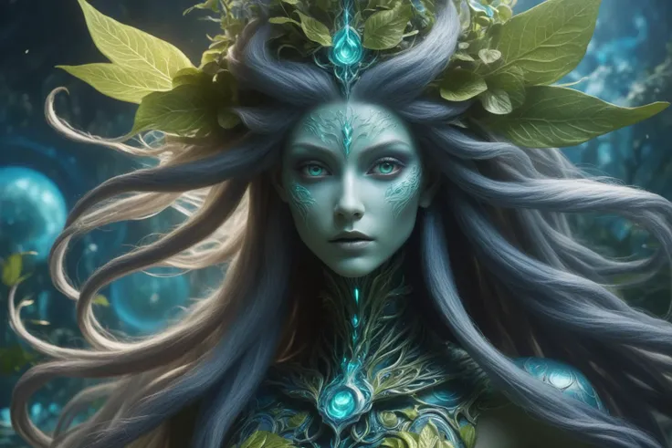 awesome quality, dynamic, alraune, plant hybrid,plant-based humanoid, alluring appearance, floral elements, green leaf-like bark-like skin, vines and roots as hair, varied and mystical attire, mesmerizing or hypnotic eyes, plant-based accessories or ornaments, fine dining  <lora:DonMM1xXL-v1.1:.6>