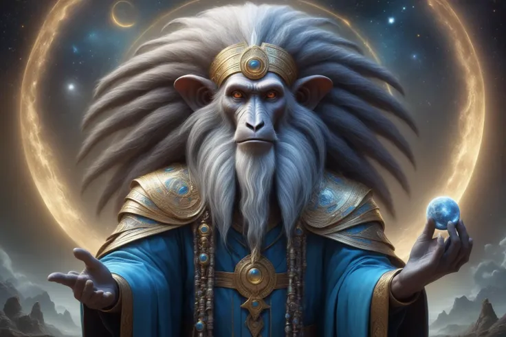 awesome quality, dynamic, thoth, god of writing, knowledge, magic, depicted as a man with the head of an baboon, keeper of divine knowledge, associated with the moon and reckoning of time, revered as a wise counselor and magician, guardian of sacred texts , merry  <lora:DonMM1xXL-v1.1:.6>