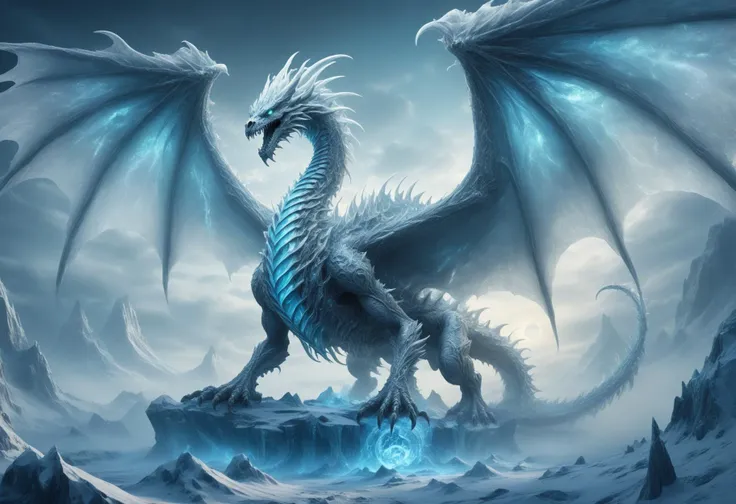 awesome quality, masterpiece, dynamic,frost wyrm, a massive spectral skelletal dragon made of ice and bones, flying with wings spread, breath of iceshards and the cold winds of the north, emerald, overwhelming, light blue glacial glow, <lora:DonMM1xXL-v1.1:.6>