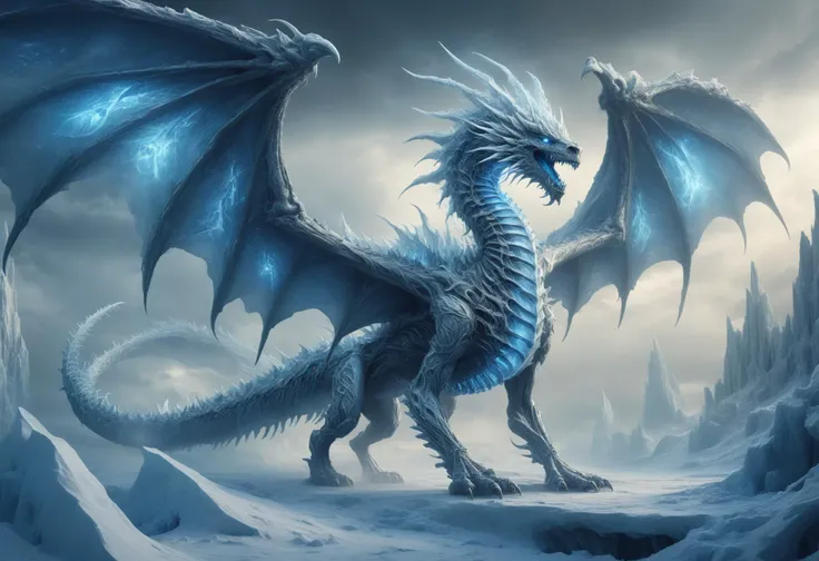 awesome quality, masterpiece, dynamic,frost wyrm, a massive spectral skelletal dragon made of ice and bones, flying with wings spread, thunderous, thrilling <lora:DonMM1xXL-v1.1:.6>