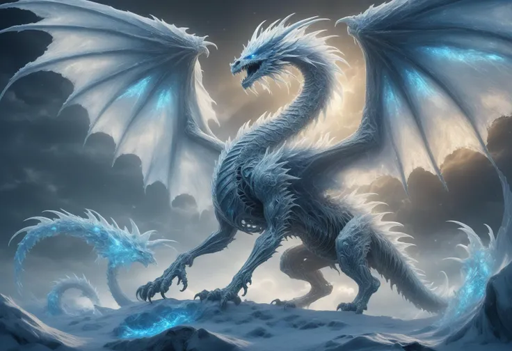 awesome quality, masterpiece, dynamic,frost wyrm, a massive spectral skelletal dragon made of ice and bones, flying with wings spread, breath galactic, compelling <lora:DonMM1xXL-v1.1:.6>