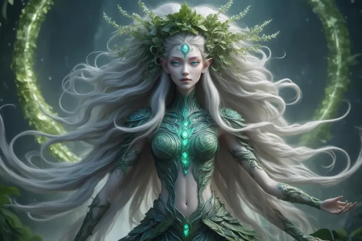 awesome quality, dynamic, fenghuang, plant hybrid,plant-based humanoid, alluring appearance, floral elements, green leaf-like bark-like skin, vines and roots as hair, varied and mystical attire, mesmerizing or hypnotic eyes, plant-based accessories or ornaments  <lora:DonMM1xXL-v1.1:.6>