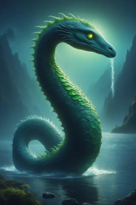 awesome quality, dynamic, nessie, cute green cryptid iconic elusive plesiosaur like creature, loch ness, large long necked aquatic being, thoughtful  <lora:DonMM1xXL-v1.1:.6>