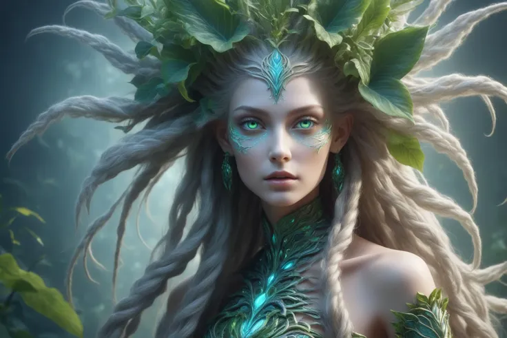 awesome quality, dynamic, yara-me-yha-who, plant hybrid,plant-based humanoid, alluring appearance, floral elements, green leaf-like bark-like skin, vines and roots as hair, varied and mystical attire, mesmerizing or hypnotic eyes, plant-based accessories or ornaments  <lora:DonMM1xXL-v1.1:.6>