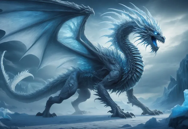 awesome quality, masterpiece, dynamic,frost wyrm, a massive spectral skelletal dragon made of ice and bones, flying with wings spread, breath of iceshards and the cold winds of the north, shadowy, gripping, light blue glacial glow, <lora:DonMM1xXL-v1.1:.6>
