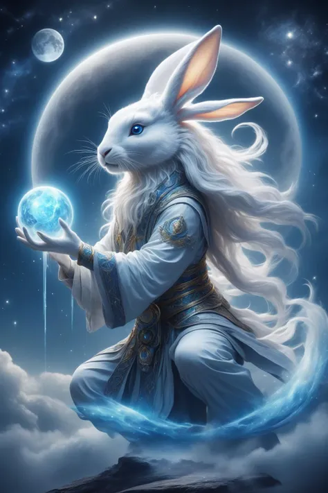 awesome quality, dynamic, moon rabbit, Mythical lunar creature,  pounding an elixir of life, immortality and longevity,  gentle and serene, connection to lunar deities,  symbol of selflessness and sacrifice, creative  <lora:DonMM1xXL-v1.1:.6>