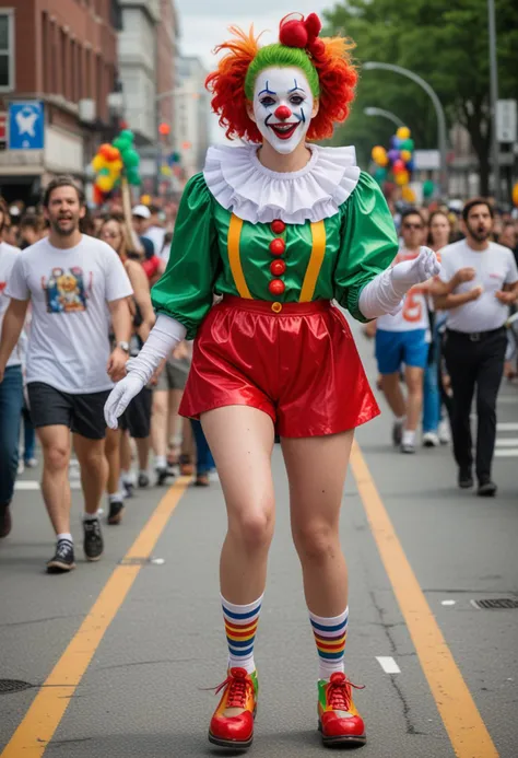 (medium full shot) of (bonnie clown) young woman, red plastic nose, white face paint, hair with a big red nose, wearing a green puffy shirt with ruffled cuffs,satin shorts,oversized clown shoes, rubber chicken, rainbow face paint, set in Parade Route Prep Area, Bustling street with barricades being set up, workers adjusting streetlights and traffic signals, a fleet of vehicles carrying floats and performers, volunteers distributing flyers and route maps, a platform for announcers to broadcast live, woman laughing, jumping in the air, Masterpiece,best quality, photo, realistic, very aesthetic, detailed face,