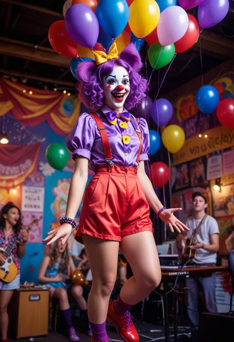 (medium full shot) of (bonnie clown) young woman, hair with oversized ears,              wearing a purple  suspenders over a colorful shirt,satin shorts,red oversized shoes, balloon animals, colorful eyeshadow, laughing, jumping in the air, set in  Musician's Corner, Vibrant area with musicians tuning instruments on stage, music stands holding sheet music, amplifiers humming softly, a stack of instrument cases against the wall, colorful banners draped overhead, at night, Masterpiece,best quality, photorealistic, amazing quality, very aesthetic, extremely detailed face,