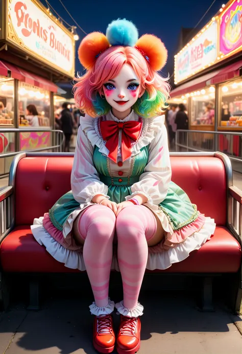 (medium full shot) of (vivacious clown) young woman, hair with oversized ears, wearing a striped puffy shirt with ruffled cuffs,striped leggings,red oversized shoes, squirting flower, colorful eyeshadow, smiling at the viewer, set in Ferris Wheel Platform, Open-air platform with metal fencing offering panoramic views, benches for weary riders to rest, a ticket booth with colorful signage, a vendor cart selling cotton candy and caramel apples, a vintage photo booth capturing memories, at night, ,Masterpiece,best quality, photorealistic, amazing quality, very aesthetic, extremely detailed face,