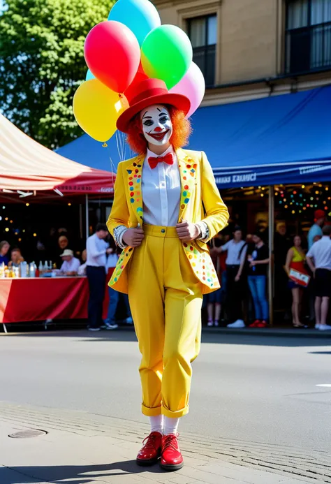 (medium full shot) of (bonnie clown) young woman, hair with a bowler hat, wearing a yellow oversized colorful blazer,patchwork pants,polka-dot shoes, polka-dot suspenders, red nose, laughing, arms crossed, set in Clown Street Performance, Busy square with colorful tents and makeshift stages, a striped canopy shading a small platform cluttered with juggling pins and unicycles, a folding table adorned with face paint palettes and glitter, a stack of oversized shoes near a signboard advertising balloon animals, a giant top hat serving as a donation jar, ,Masterpiece,best quality, photorealistic, amazing quality, very aesthetic, extremely detailed face,