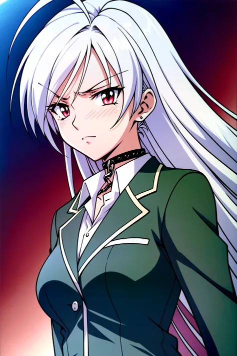 (extremely detailed CG unity 8k wallpaper) UHD,(masterpiece),(best quality),(ultra-detailed),(best illustration),(best shadow),(Extremely Detailed),(absurdres),(detailed background), <lora:Inner_Moka_Akashiya:1> Inner Moka Akashiya, 1girl, solo, vampire, white hair, red eyes, long hair, medium breasts, upper body, choker, black choker with chain, school uniform, ahoge, green blazer, green jacket, shirt, white shirt, yellow skirt, plaid, yellow plaid skirt, socks, standing, closed mouth, serious, beautiful, looking at viewer, outdoors, red moon, close up